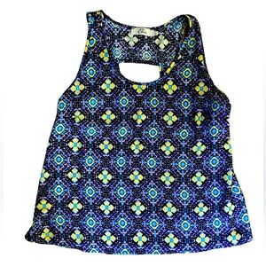 Super Cute Cut-Out Back Mosaic Purple & Yellow Print Tank Top, Size Large